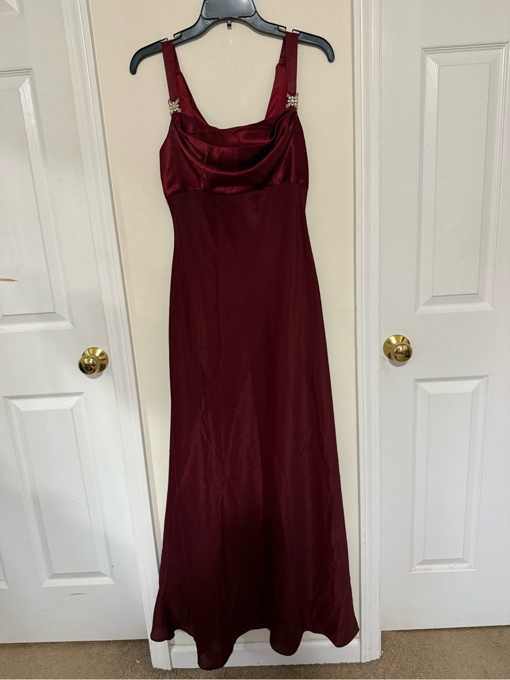 Sleeveless Burgundy Satin Maxi Dress with Draped Neckline
